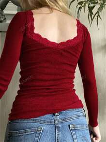 Women's T-Shirt Y2K Fall Women Back To School Clothes Sexy Casual Solid Color Lace Lace Square Neck Knitted Long-Sleeved Top