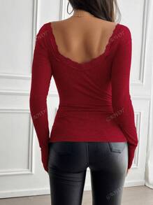 Women's T-Shirt Y2K Fall Women Back To School Clothes Sexy Casual Solid Color Lace Lace Square Neck Knitted Long-Sleeved Top