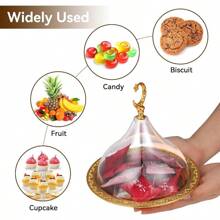 Plateau de service pour collations, plateau en métal pour le Ramadan avec couvercle en dôme transparent, plateau à mini gâteaux et bonbons réutilisable, plateau à desserts rond pour ranger les noix, bonbons et biscuits sucrés - Doré - Voir 4