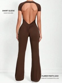 Yefecy 女式喇叭连体裤短袖性感露背紧身连体衣皱褶臀部 V 形背部连体裤健身塑身连体裤