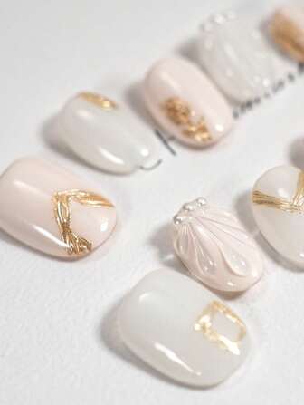 oulalis 10 件 DIY 手工制作简约百搭 3D 珍珠和金色魔镜粉设计美甲装饰，包括短方形假指甲，生日派对，派对，日常生活，包括一块果冻，指甲锉按压指甲