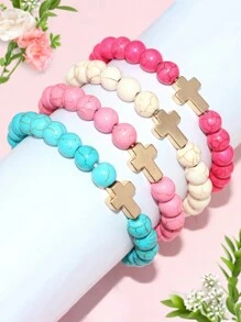 1件女士黑色玛瑙串珠绿松石十字架吊坠手链 - Bracelet - 查看 4