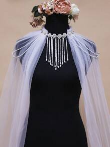 1pc Plain Color Sheer Long Dress Shawl, Detachable Brooch Or Cloak Style Wrap, Bridal Wedding Cape Fall Clothes For Women