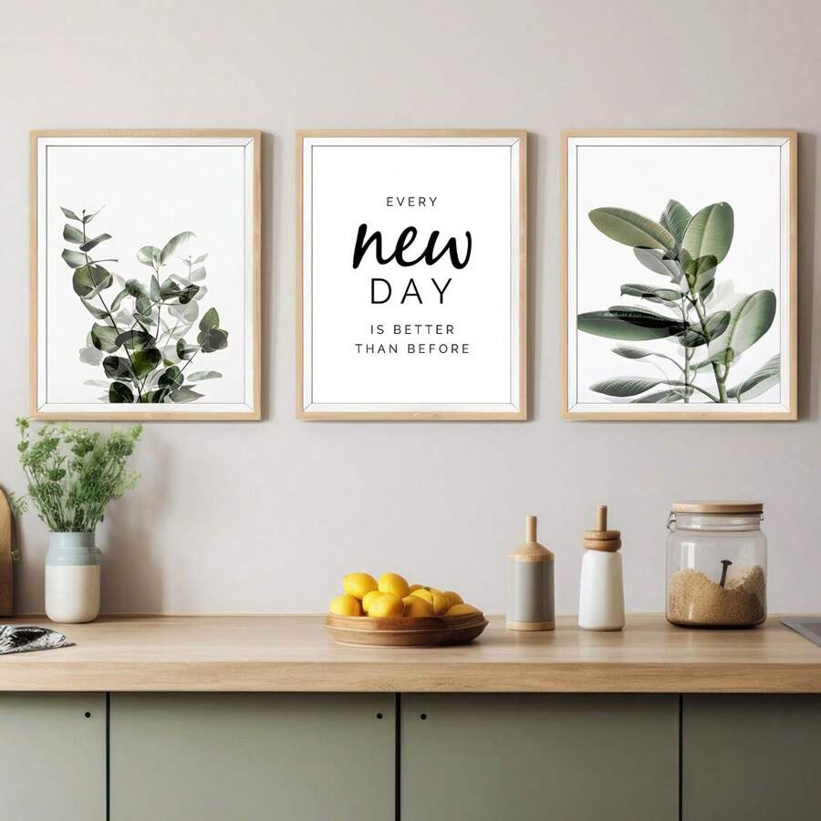 3PCS/SET Modern Green Plant Canvas Paintings - HD Print Wall Art For Bathroom, Bedroom, Kitchen, Office, Living Room - Frameless -Stunning Plant Leaf Pattern - Home Decor