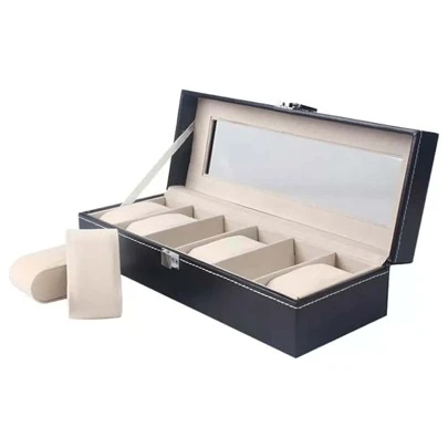 Watch Box, 6 Slots PU Leather Storage Organizer For Watch Lockable Watch Case Organizer Jewelry Display Box With Protective Belt 6 Removable Pillows Framed Glass Lid For Men Women