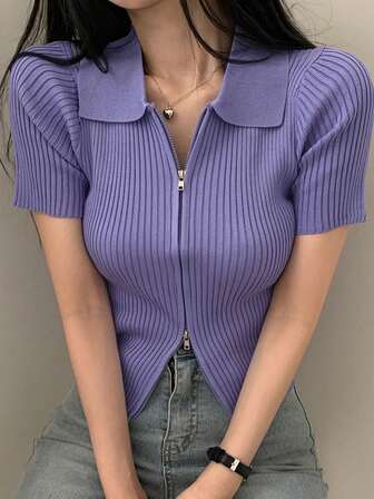 2025 New Spring/Summer Casual Solid Color Short Sleeve Zipup Cardigan