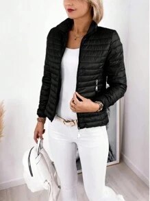 Lightweight Women's Quilted Jacket Funnel Neck Long Sleeve Regular Fit Zipper Pockets Padded Fall/Winter Coat - Black - View 1