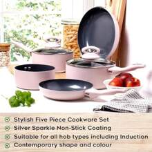 Blush Pink 5-Piece Ceramic Cookware Set - Includes 2 Frying Pans And 3 Saucepans With Grey Sparkle Ceramic Non-Stick Coating - Suitable For All Hobs - PTFE And PFOA - Blush Pink1 - View 4
