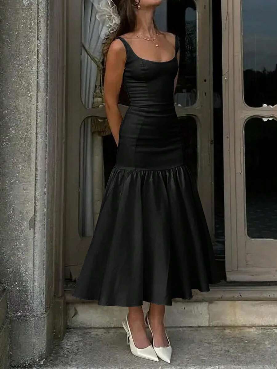 1 件女士优雅 U 领紧身鱼尾连衣裙，黑色，畅销品