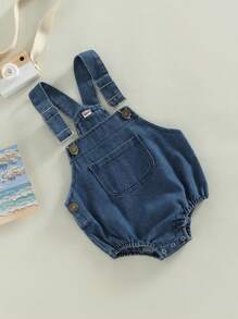 Baby Boy Girl Denim Romper With Pockets Suspender Sleeveless Jumpsuit Shorts Jean Overalls Cute Clothes, 0-24 Months - 藍色 - 查看 2