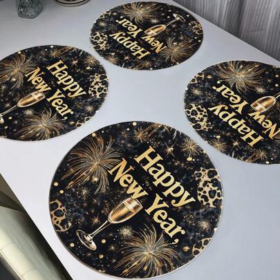 6pcs/1pc Happy New Year Meal Mat - Gold Fireworks And Snowflake Pattern, Linen Material - Non Slip, Durable, Heat Resistant, Machine Washable, Circular Table Mat For Festival Party Decoration, 15 Inches In Diameter, Party Kitchen Dining Decoration, Used For Winter Dining And New Year Decoration, New Year | New Year's Day Decoration | Party Decoration | Festival Decoration