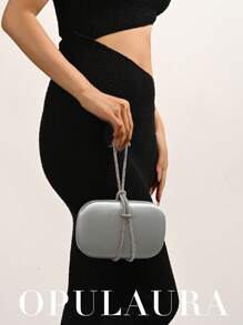 OpulAura 优雅缎面盒式手拿包晚宴包，奢华闪亮水晶装饰链条装饰，精致黑色正式派对钱包，适合舞会、派对、宴会、生日派对，可用作生日礼物，新娘手拿包 - 銀色 - 查看 8