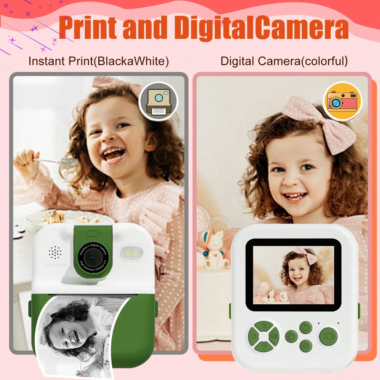 Appareil Photo Instantané Pour Enfants - 1080P, Impression Sans Encre, Avec 4 Rouleaux Papier Et Carte 32G - 12