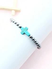 1件女士黑色玛瑙串珠绿松石十字架吊坠手链 - Bracelet - 查看 13