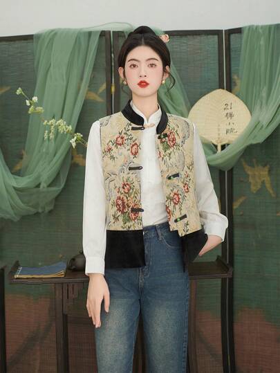 Spring Elegant Chinese Style Black And Apricot Improved Vest Splicing Slit Vintage For Chinese Newyear, Daily, Street, Commuting, Home And Other Occasions To Wear Hanfu Tops