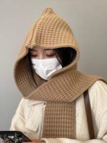 1件女士连帽披肩帽子围巾一体两件套纯色秋冬保暖两用针织斗篷百搭时尚 - A - 查看 7