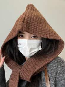 1件女士连帽披肩帽子围巾一体两件套纯色秋冬保暖两用针织斗篷百搭时尚 - A - 查看 13