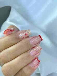 24 buc unghii scurte de toamnă și iarnă, unghii scurte pătrate, unghii drăguțe, margine roșie, pudră aurie, înfrumusețare, unghii false cu o bucată de lipici pentru unghii și un set de unghii pentru frecare și artă, unghii false, unghii scurte, mediu-lungi, model Almond Duck, vârf francez, unghii acrilice lucrate manual, kit cu pietre prețioase, farmece și pietre, accesorii pentru unghii DIY - Multicolor - Vizualizare 1