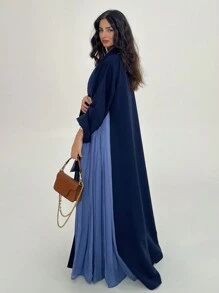 1pc Elegant Casual Solid Color Polyester Splice Hem Long Cardigan, Sophisticated Craftsmanship, Graceful & Stylish Abaya Outerwear - Navy Blue - View 3