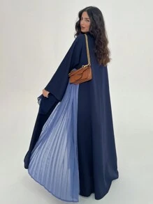 1pc Elegant Casual Solid Color Polyester Splice Hem Long Cardigan, Sophisticated Craftsmanship, Graceful & Stylish Abaya Outerwear - Navy Blue - View 4