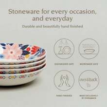 Excellent Set Of 4 Jess Phoenix Hand-Finished Stoneware Dinner Bowls With In-Glaze Floral Decal: Microwave & Dishwasher Safe