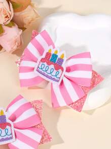 2pcs/Set Cute Birthday Hair Clips For Girls, Shiny Cake Decor Bow Hair Clips, Happy Birthday, Birthday Party Hair Accessories - Multicolor - View 5