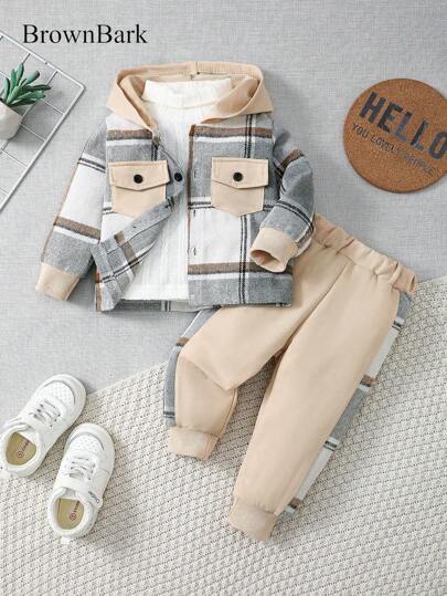 BrownBark 2pcs Baby Boy Casual Outdoor Set: Plaid Pocket Hoodie Shirt + Leisure Pants, Autumn Winter Outfit