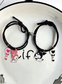 Sanrio 2pcs/Set Sanrio Character Friendship Bracelet Set, Comes With Magnetic Clasp, Polyamide Woven Strap, Anime Style Charm Bracelet, Suitable For Couples And Friends, Bracelet Set, Couples, Anime Items, Halloween