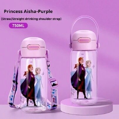Disney Officially Licensed Frozen  Cartoon Plastic Water Bottle With Straw&Direct Drinking Spout, Leak-Proof, Portable Tumbler Suitable For Camping, Hiking,School