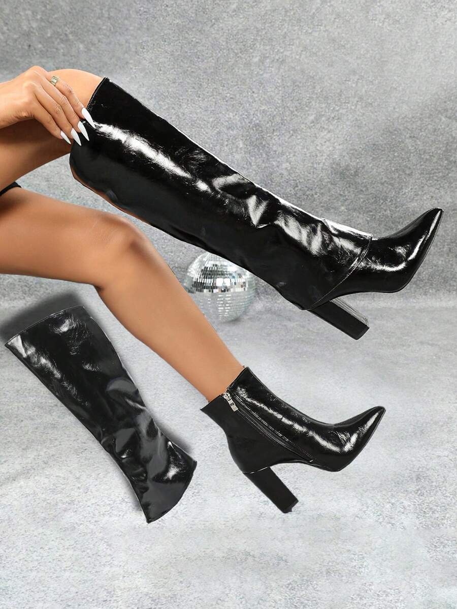 بوت ركوب عالية الساق للشتاء بكعب سميك وبطانة ناعمة، ذات رؤوس مدببة وكعب عالي وسحاب، نوع مزدوج الطبقة - الأسود - مشاهدة 1