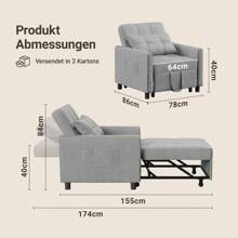 3 In 1 Sofa Bed, Convertible Sofa Bed, Sofa Bed With Bed Function, Sofa Bed With Pillow And Side Pocket, Sofa Bed For Small Apartment - Xám - Xem 4