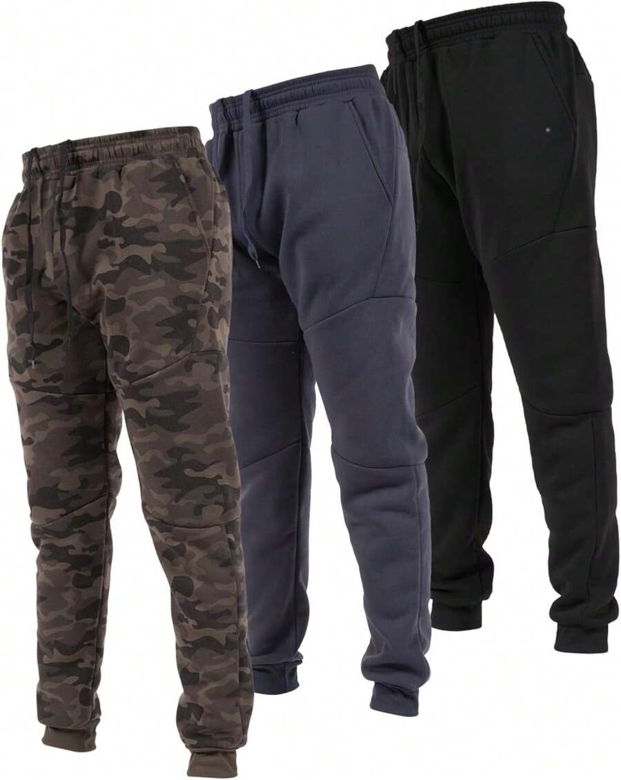 3 Pack Fleece Active Tech Joggers For Men, Mens Sweatpants With Zipper Pockets - Green Camo / Charcoal / Black - View 1