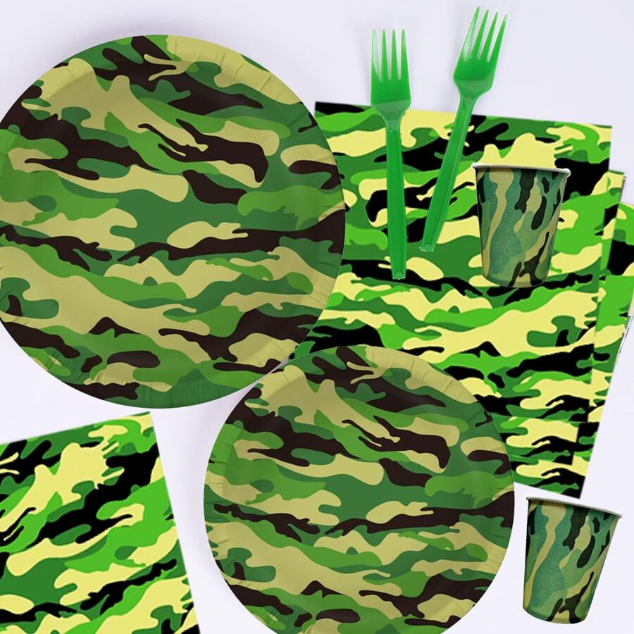 Zestaw 10/20 szt. kamuflażowych wojskowych patriotycznych naczyń na imprezę, zawiera 7"/9" talerze imprezowe z wzorem kamuflażowym, serwetki kamuflażowe, kubki papierowe kamuflażowe, odpowiednie na przyjęcia urodzinowe, pikniki, spotkania rodzinne, zjazdy weteranów, obchody rocznicowe