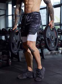 Pantalones cortos de doble capa 2 en 1 para hombre, pantalones cortos deportivos ligeramente elásticos para entrenamiento en el gimnasio en verano - camuflaje gris - Ver 4