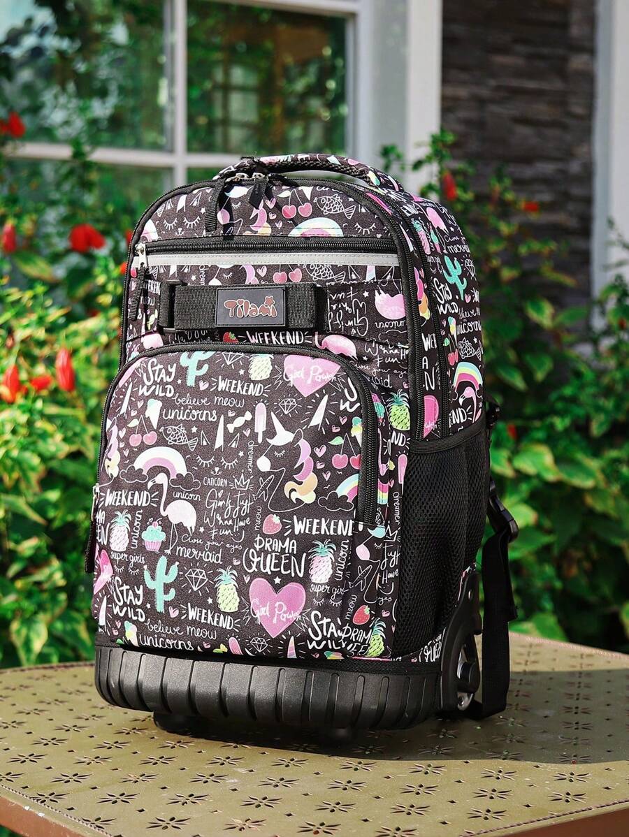 Tilami Kids Fashion Rolling Backpack, 19 Inch Laptop Backpack, Plane Bag, Luggage, School Supplies, Durable With Waterproof Material, Shoulder Drop, Concealed Pockets And Wheel Cover, Big Storage Capacity, Great For Boys And Girls School, College, Vacation, Trip Use, Travel Bag With Wheels, Many Styles Likeice Cream, Leaf, Waves, Geometric Patterns, Best Christmas Gifts For Kids, Free Shipping And Hot