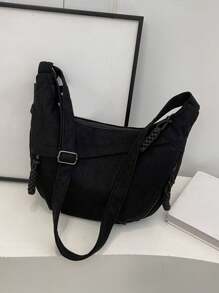 1pc Solid Color Corduroy Crescent Canvas Bag, Minimalist Lightweight Foldable Canvas Bag With Multi-Pockets, Zipper Closure Shoulder Bag, Suitable For Summer Casual, Commuting, Sports, College Style, Street Style And Travel - Black - View 11