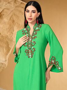 Handmade Baroque Shape Faux Pearl Decor Long Sleeve Casual Comfortable Breathable Moisture-Wicking Arabic Style Dress