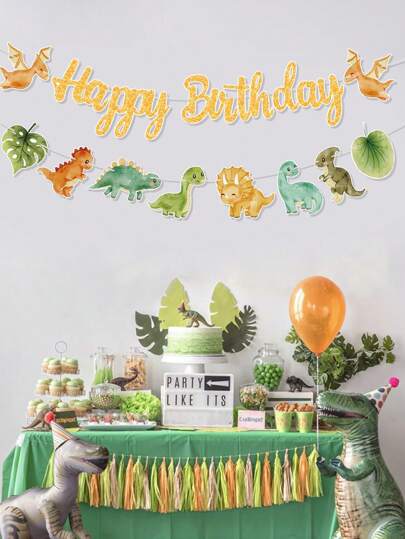一套恐龙主题生日横幅，卡通恐龙图案生日快乐横幅旗帜，派对背景装饰，恐龙派对装饰，家居装饰，生日悬挂装饰，婴儿派对，墙面装饰