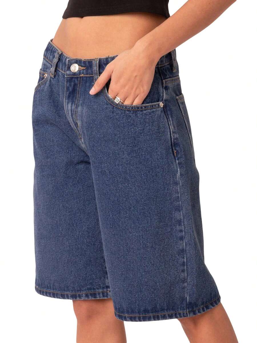 Womens Knee Length Denim Shorts Solid Color High Waist Loose Fit Jean Shorts For Summer - Blue - View 1