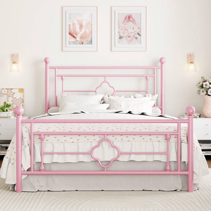 SHA CERLIN 14 Inches 4 Size 4 Color Metal Platform Bed Frame/Vintage Iron-Art Headboard And Footboard/Mattress Foundation/No Box Spring Needed/Noise-Free/Easy Assembly, Room Decor, Bedroom Christmas Decorations Home Decor Christmas Gift, Gold|White|Black|Pink * Bed Frame Queen Queen Bed Frame Bed Frame Full Full Size Bed Frame King Size Bed Frame Twin Bed Frame Room Decor Home Decor Christmas Decor Bedroom Decor Valentine Day Decor Storage Living Room Decor Furniture House Decor - 粉色 - 查看 1