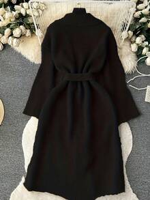 女士优雅简约针织开衫，长款宽松休闲版型，配腰带，时尚针织长款外套，通勤休闲皆宜，新年穿搭，女士街头时尚 - 黑色 - 查看 2