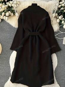 Elegant Minimalist Sweater Cardigan For Women, Long Oversized Loose Belted Style, Fashionable Knit Outerwear Coat, Suitable For Spring,Autumn,Winter