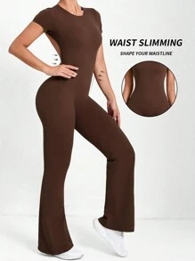 Yefecy 女式喇叭连体裤短袖性感露背紧身连体衣皱褶臀部 V 形背部连体裤健身塑身连体裤