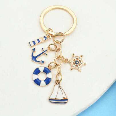 [New Hot Sale] Creative DIY Sailing Themed Keychain Set, Blue & White Main Element, Anchor, Ship Rudder, Life Buoy, Lighthouse Combo Keychains, Fashionable & Minimalist Key Accessory, Suitable For Everyday Use & Decoration
