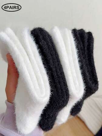 4 Pairs Versatile Casual Thickened Warm Black & White Crew Socks For Women, Autumn/Winter