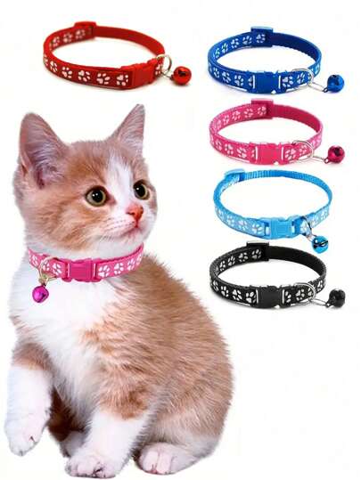 1 pieza Collar ajustable para mascotas con cascabel, collar de perro con huella de pata, collar con hebilla para gato, correa para cuello de mascota, juego de collares con parche reflectante
