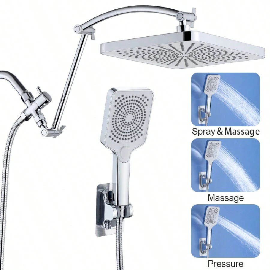 Shower Head, All Metal Rain Shower Head With Handheld Spray Combo, High Pressure 10" Rainfall Shower Head And 14" Height Adjustable Shower Arm, 3-Way Diverter, Brushed Stainless Steel Handheld Shower Hand - 亮銀色 - 查看 1