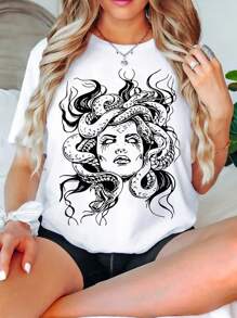 Medusa Print Women's T-Shirt, Summer Women's Fashion, Casual, Comfortable, Soft, Sports Fitness, Daily Outdoor Breathable Round Neck Short Sleeve T-Shirt - 白色 - 查看 2