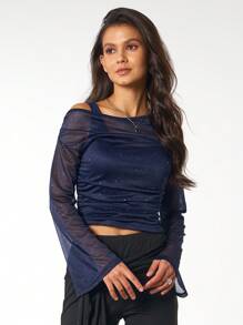 杏色露肩网眼二合一喇叭袖长袖女式上衣，西方、复古、70 年代、单身女郎