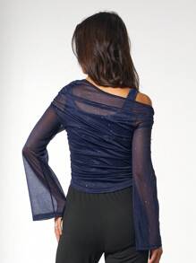 杏色露肩网眼二合一喇叭袖长袖女式上衣，西方、复古、70 年代、单身女郎